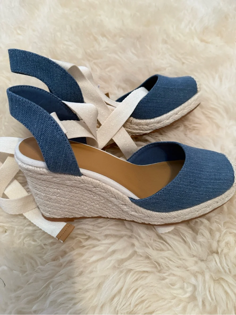 GAP Denim Blue Espadrille Wedge Sandals with Cream Ankle Wrap